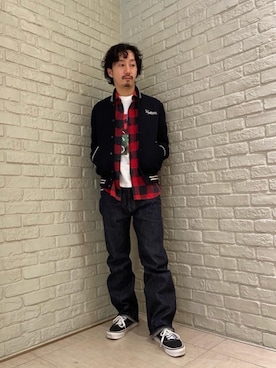 「ネルシャツ」｜「アイテム（スタジャン）」を使った、HIDEさん（メンズ・172cm）の冬コーディネート