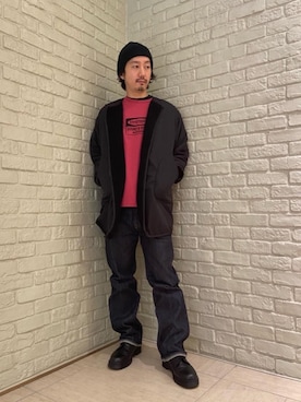「HYSTERIC GLAMOUR（ヒステリックグラマー）のアイテム（ノーカラーコート）」を使った、HIDEさん（メンズ・172cm）の冬コーディネート