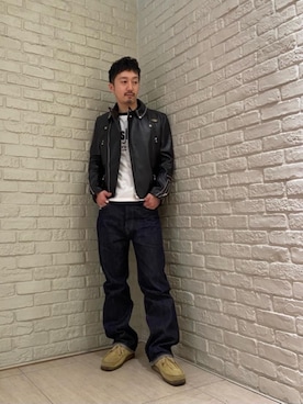 「HYSTERIC GLAMOUR（ヒステリックグラマー）のアイテム（ライダースジャケット）」を使った、HIDEさん（メンズ・172cm）の冬コーディネート