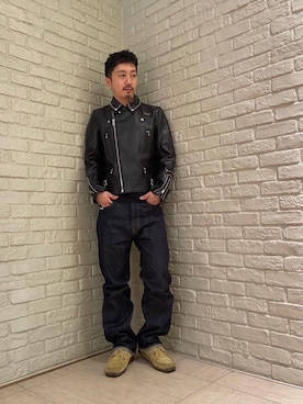 「HYSTERIC GLAMOUR（ヒステリックグラマー）のアイテム（ライダースジャケット）」を使った、HIDEさん（メンズ・172cm）の冬コーディネート