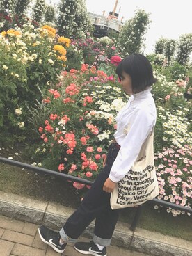 「American Apparel（アメリカンアパレル）のアイテム（トートバッグ、ホワイト系）」を使った、suzunaさん（レディース・155cm）の夏コーディネート