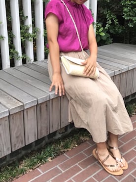 「GU（ジーユー）のアイテム（シャツ/ブラウス、ピンク系）」を使った、suzunaさん（レディース・155cm）の夏コーディネート