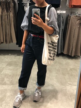 「GU（ジーユー）のアイテム（デニムパンツ、ブルー系）」を使った、suzunaさん（レディース・155cm）の夏コーディネート