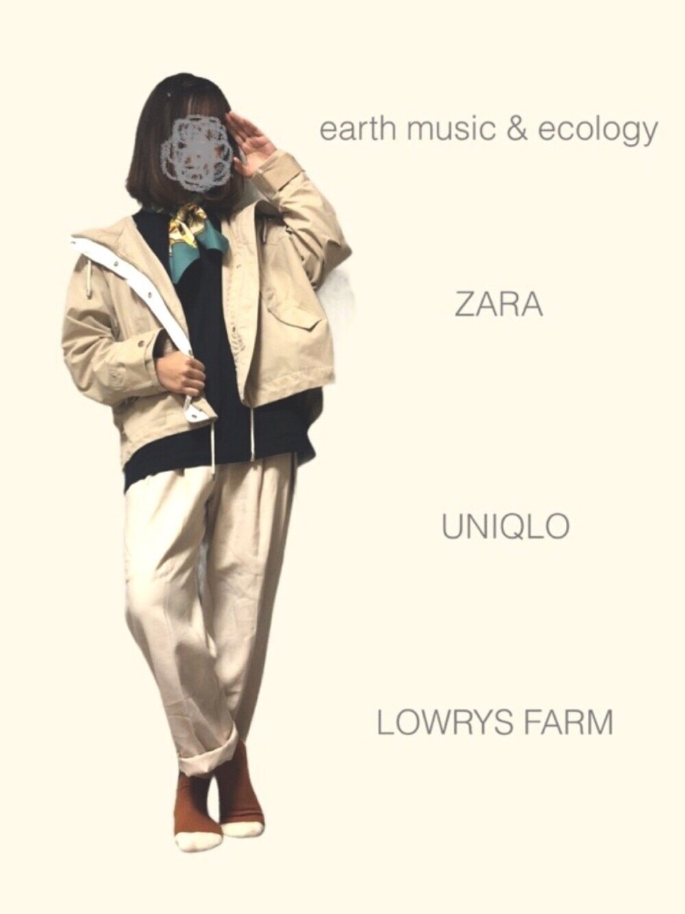 「おしゃれさんと繋がりたい、これが私をアゲる服、大人カジュアル、スカーフ、UNIQLO U、UNIQLO、ZARA、マウンテンパーカー、パンツスタイル、白パンツ」｜「LOWRYS FARMのベルトツキタックパンツ　886978（その他パンツ、ホワイト系）」を使った、sume 再投稿中さん（レディース・161cm）の春コーディネートの1枚目の写真