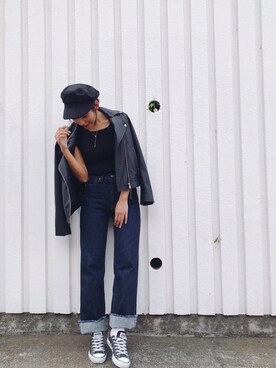 「Vicente（ヴィセンテ）のリアルレザーライダースジャケット（ライダースジャケット）」を使った、Vicente👖さん（レディース・157cm）の秋コーディネート