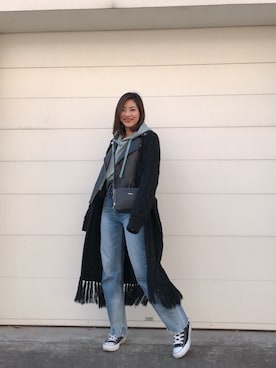 「ニットカーディガン」｜「アイテム（ライダースジャケット）」を使った、Vicente👖さん（レディース・157cm）の冬コーディネート