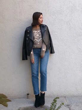 「Vicente（ヴィセンテ）のリアルレザーライダースジャケット（ライダースジャケット）」を使った、Vicente👖さん（レディース・157cm）の冬コーディネート