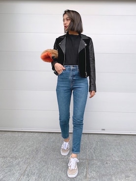 「Vicente（ヴィセンテ）のアイテム（ライダースジャケット）」を使った、Vicente👖さん（レディース・162cm）の秋コーディネート