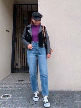 「Vicente（ヴィセンテ）のアイテム（ライダースジャケット）」を使った、Vicente👖さん（レディース・157cm）の冬コーディネート