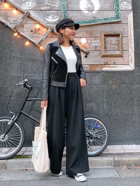 「Vicente（ヴィセンテ）のアイテム（ライダースジャケット）」を使った、Vicente👖さん（レディース・157cm）の冬コーディネート