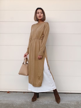「Vicente（ヴィセンテ）のEarth color maxiワンピース（ワンピース）」を使った、Vicente👖さん（レディース・162cm）の冬コーディネート