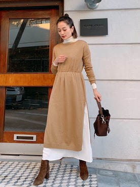 「Vicente（ヴィセンテ）のEarth color maxiワンピース（ワンピース）」を使った、Vicente👖さん（レディース・162cm）の冬コーディネート