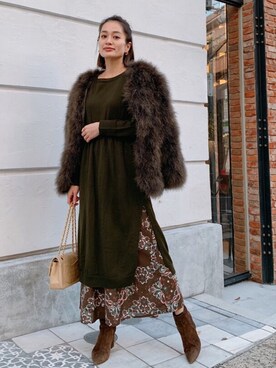 「Vicente（ヴィセンテ）のEarth color maxiワンピース（ワンピース）」を使った、Vicente👖さん（レディース・162cm）の冬コーディネート