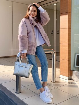 「アイテム（ムートンコート、ピンク系）」を使った、Vicente👖さん（レディース・162cm）の冬コーディネート