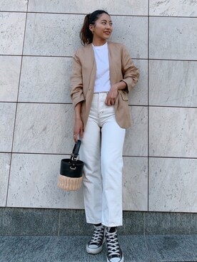 「ホワイトデニム」｜「アイテム（ノーカラージャケット）」を使った、Vicente👖さん（レディース・157cm）の春コーディネート