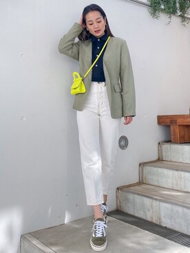 「ホワイトデニム」｜「アイテム（ノーカラージャケット）」を使った、Vicente👖さん（レディース・162cm）の春コーディネート