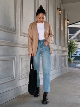 「春ニット」｜「アイテム（ノーカラージャケット）」を使った、Vicente👖さん（レディース・157cm）の春コーディネート