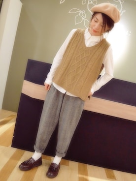 「ニットベスト」｜「アイテム（ハンチング/ベレー帽）」を使った、gocciさん（レディース・160cm）の秋コーディネート