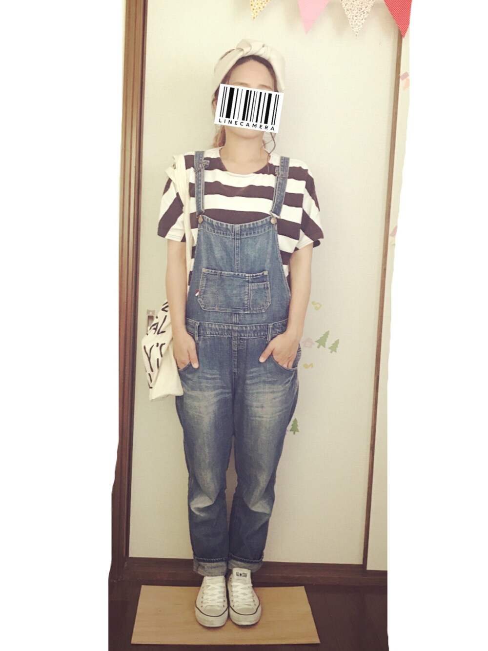 「オトナカジュアル、ゆるコーデ、denim、Tシャツ、オーバーオール、ボーダー、ヘアバンド」｜「TODAY'S SPECIALのマルシェバッグ / Marche Bag（エコバッグ/サブバッグ、ホワイト系）」を使った、smile☺︎さん（レディース・160cm）の夏コーディネートの1枚目の写真