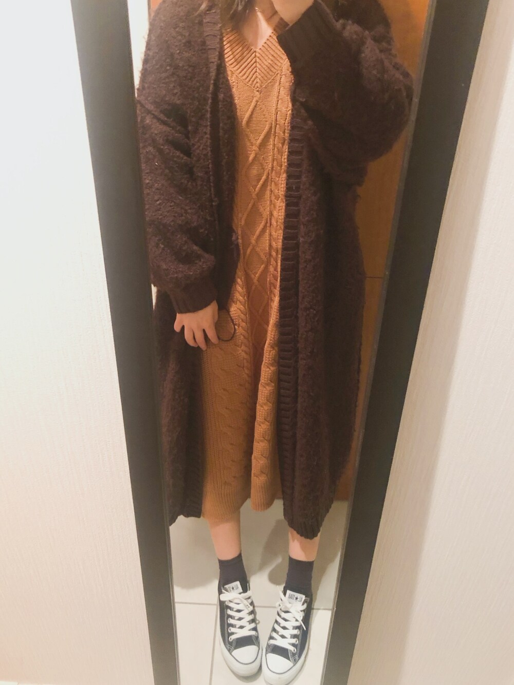 「JEANASISのアウトリンクコーディガン/814448（その他アウター、ブラウン系）」を使った、ちっちさん（レディース・160cm）の冬コーディネートの1枚目の写真