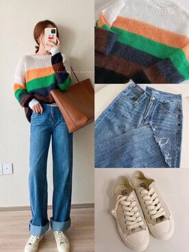 「未知のアイテム（ニット/セーター、その他）」を使った、Amanda·Lanさん（レディース・160cm）の秋コーディネート