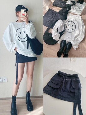「工装短裤のアイテム（カーゴパンツ、ブラック系）」を使った、Amanda·Lanさん（レディース・160cm）の秋コーディネート