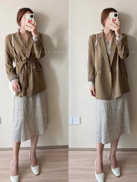 「卡其色西装のアイテム（スーツジャケット、ブラウン系）」を使った、Amanda·Lanさん（レディース・160cm）の秋コーディネート