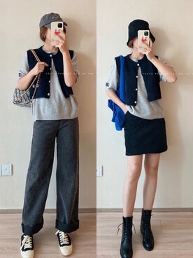 「马甲のアイテム（ベスト、ブラック系）」を使った、Amanda·Lanさん（レディース・160cm）の秋コーディネート