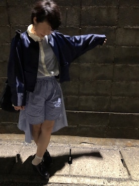 「ブルー×ブラック」｜「アイテム（ブルゾン）」を使った、Miina(1ω5)さん（レディース・155cm）の春コーディネート