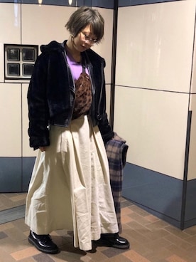 「niko and...（ニコアンド）のアイテム（ライダースジャケット）」を使った、Miina(1ω5)さん（レディース・155cm）の冬コーディネート