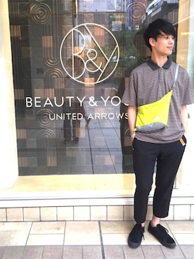 「BEAUTY&YOUTH UNITED ARROWS（ビューティーアンドユースユナイテッドアローズ）のアイテム（ポロシャツ、ベージュ系）」を使った、Takuya Hondaさん（メンズ・176cm）の春コーディネート