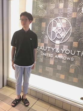 「LACOSTE（ラコステ）の【別注】 ＜LACOSTE (ラコステ）＞ 1TONE POLOSHIRTS 17SS/ポロシャツ（ポロシャツ、ブラック系）」を使った、Takuya Hondaさん（メンズ・176cm）の夏コーディネート