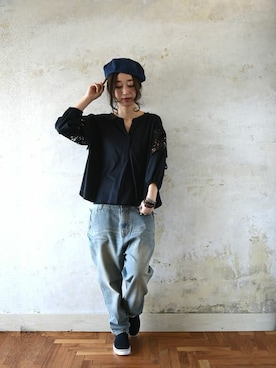 「レースブラウス」｜「アイテム（ハンチング/ベレー帽）」を使った、fujii(and it_OFFICE)さん（レディース・162cm）の春コーディネート