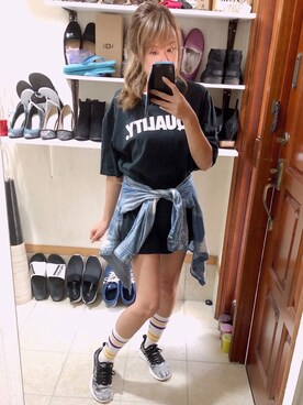 「NIKE（ナイキ）のアイテム（Tシャツ/カットソー、ブラック系）」を使った、らぁこさん（レディース）の夏コーディネート