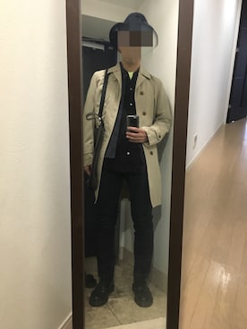 「ノーカラーシャツ」｜「アイテム（ステンカラーコート）」を使った、火焔太鼓さん（メンズ・170cm）の冬コーディネート