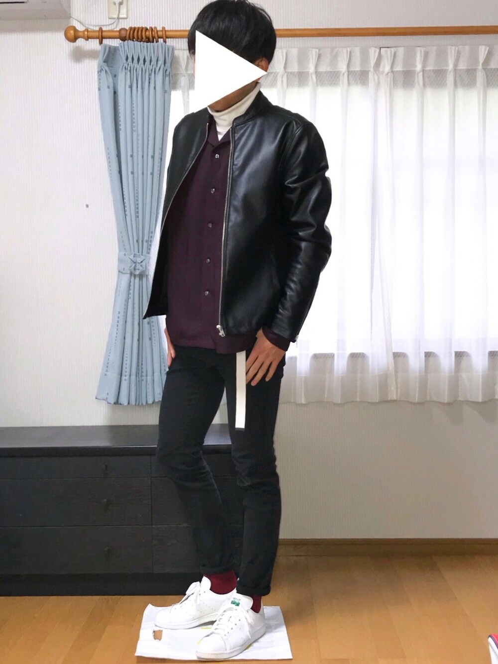 「wearhalloween2017、秋コーデ、黒スキニー、ライダース、シンプル、初投稿、タートルネック、オープンカラーシャツ」｜「RAGEBLUEのPEサテンオープンカラーシャツ/769575（シャツ/ブラウス、パープル系）」を使った、ryogaさん（メンズ・168cm）の秋コーディネートの1枚目の写真