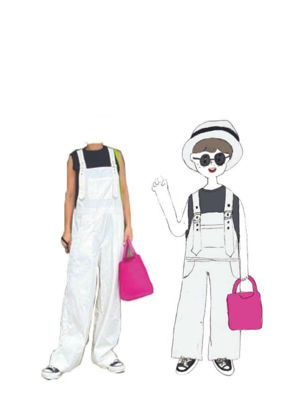 ブラック系のTシャツ/カットソー、ホワイト系のサロペット/オーバーオール、ピンク系のかごバッグを着用したレディースの秋コーディネートの1枚目の写真