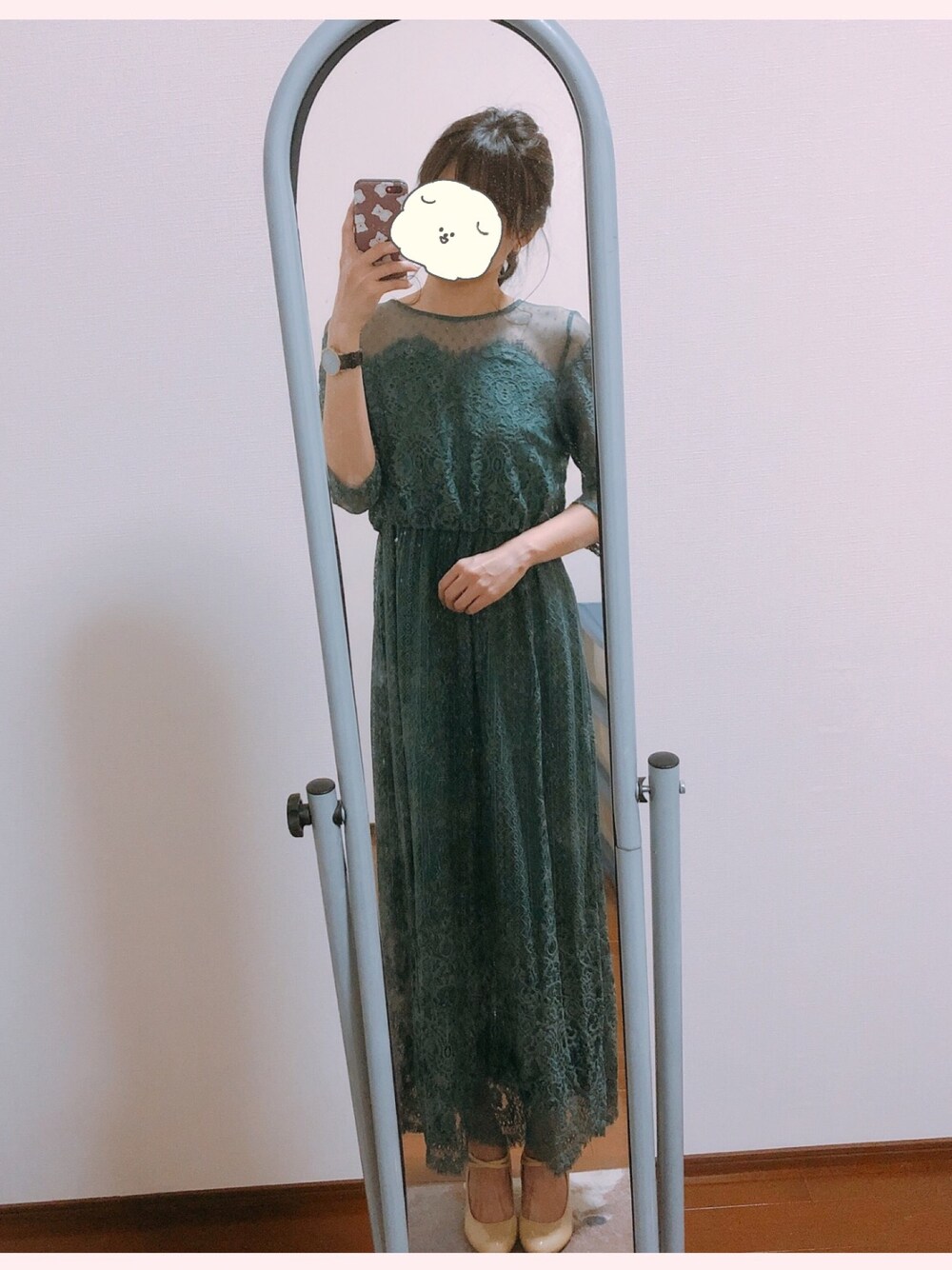 「シンプル、きれいめカジュアル、ワンピース、結婚式」｜「ChacoのChaco ドットチュール×パネルレースドレス（ワンピース/ドレス、グリーン系）」を使った、いもけんぴさん（レディース・161cm）の冬コーディネートの1枚目の写真