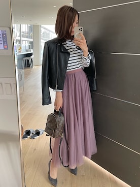 「MOUSSY（マウジー）のアイテム（ライダースジャケット）」を使った、尾辻納奈さん（レディース・168cm）の春コーディネート