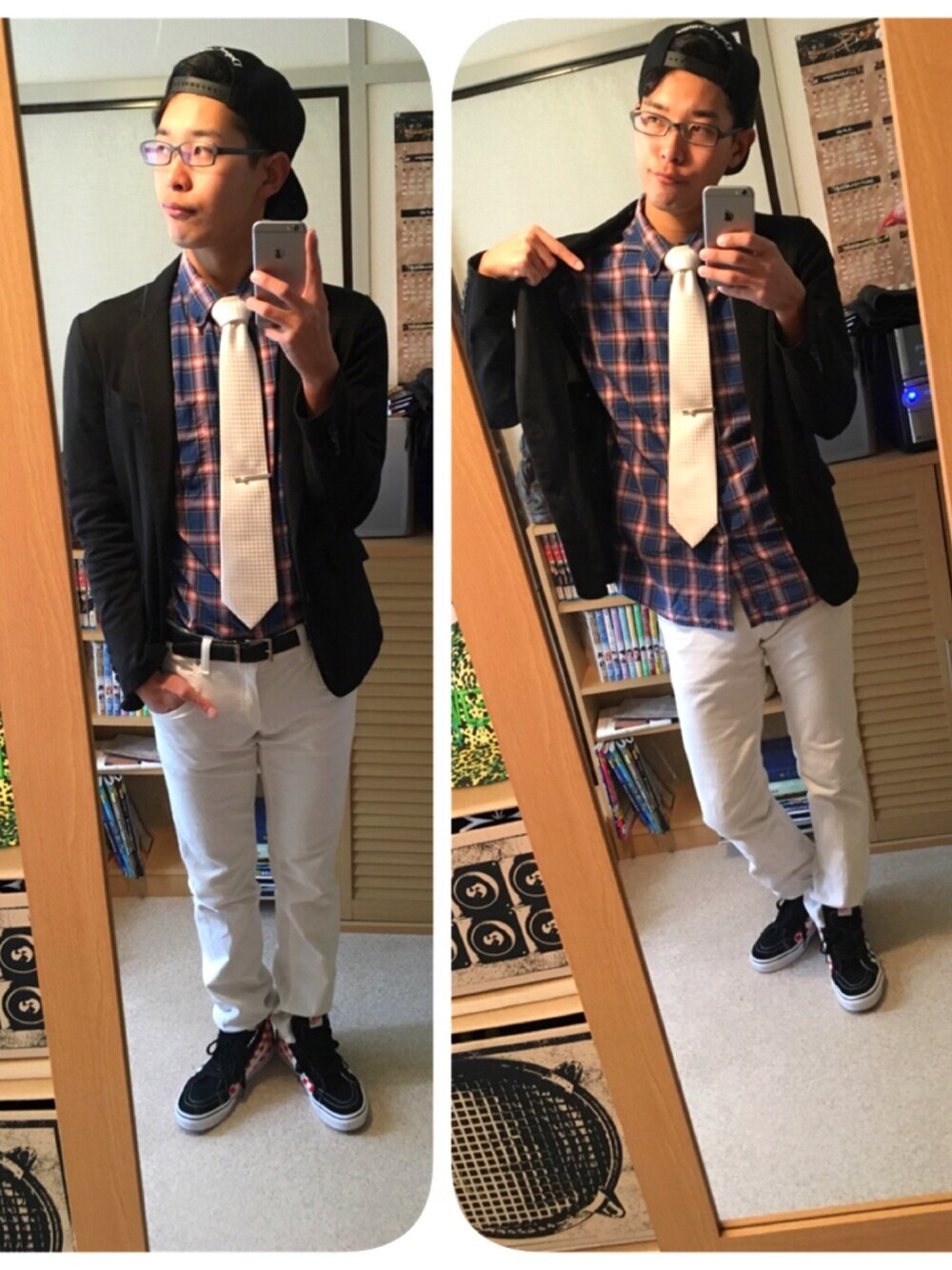 その他のスニーカー、ブルー系のシャツ/ブラウス、ホワイト系のネクタイを着用したメンズの冬コーディネートの1枚目の写真