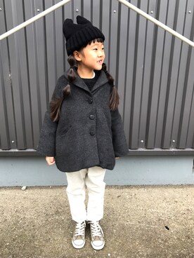 「アイテム（ステンカラーコート、グレー系）」を使った、TOMOさん（キッズ・110cm）の冬コーディネート