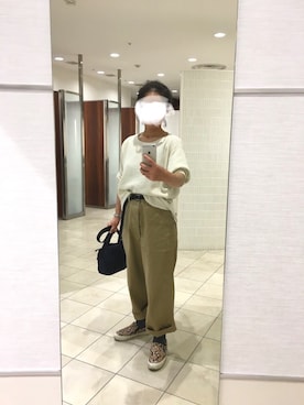 「ワッフルクルーネックＴ」｜「アイテム（スリッポン）」を使った、はむさん（レディース・158cm）の秋コーディネート