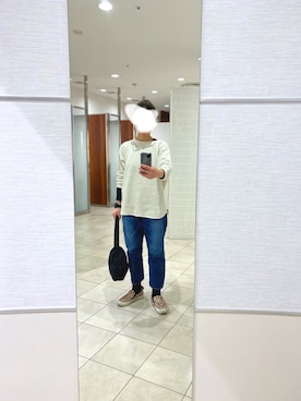 「ワッフルクルーネックＴ」｜「アイテム（スリッポン）」を使った、はむさん（レディース・158cm）の春コーディネート