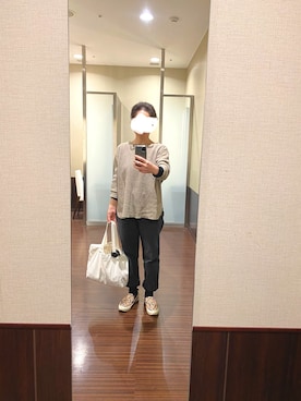 「ワッフルクルーネックＴ」｜「アイテム（スリッポン）」を使った、はむさん（レディース・158cm）の春コーディネート