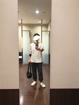 「ワッフルクルーネックＴ」｜「アイテム（スリッポン）」を使った、はむさん（レディース・158cm）の春コーディネート