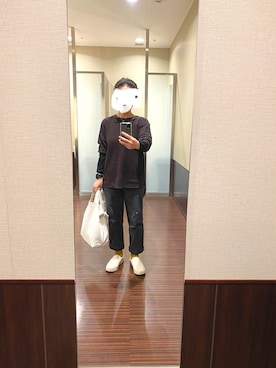 「ワッフルクルーネックＴ」｜「アイテム（スリッポン）」を使った、はむさん（レディース・158cm）の春コーディネート