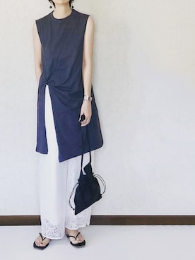 「透かし編みニット」｜「アイテム（ビーチサンダル）」を使った、ybtnさん（レディース・159cm）の春コーディネート