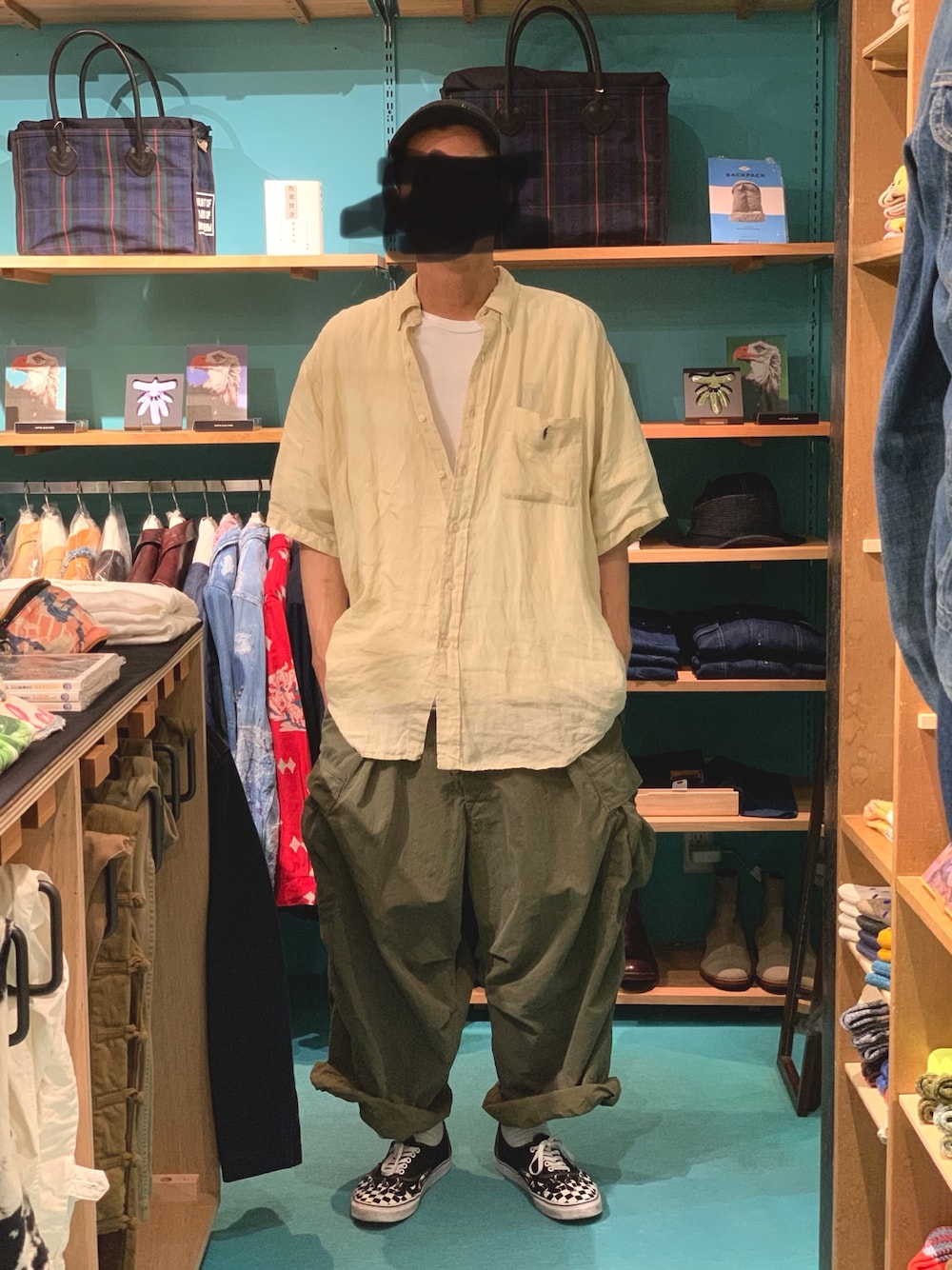 「VINTAGE、KAPITAL、street、oversize」｜「U.S. POLO ASSN.のアイテム（キャップ、ブラック系）」を使った、ツバキさん（メンズ・180cm）の夏コーディネートの1枚目の写真
