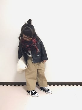 「BRANSHES（ブランシェス）のアイテム（ライダースジャケット）」を使った、𝚏𝚞𝚞*さん（キッズ・90cm）の秋コーディネート