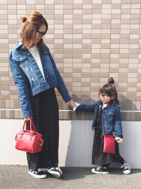 「ドットワンピ」｜「アイテム（シャツワンピース）」を使った、𝚏𝚞𝚞*さん（キッズ・90cm）の春コーディネート